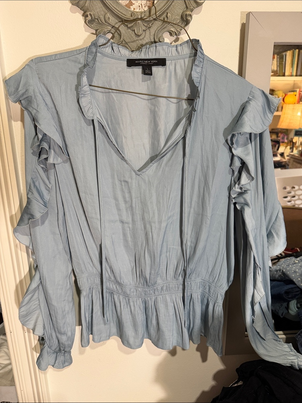Marc New York Light Blue Ruffle Tie-Neck Blouse